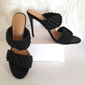 Shoe Dazzle Black Faux Leather Heel Woven Strap Heeled Sandals/Size 10